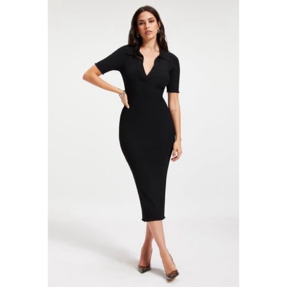 Good American Black Ribbed Short Sleeve Polo Stretch Knit Sweater Midi Dress